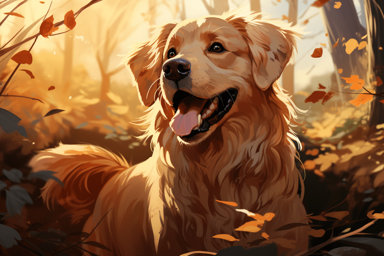 An illustration of a Golden Retriever playing in a park